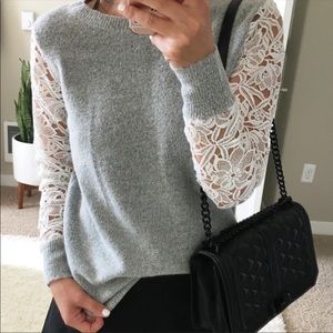3/$20 Halogen Gray Wool White Sheer Lace Long Sleeve Sweater